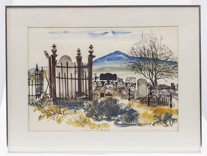 Edwin L. Fulwider Large Western Landscape Watercolor: Label on rear reading "7641 Nevada Cemetery Edwin Fulwider". Artist signed lower right, sight 20" x 28", matted & framed, 28 1/4" x 36 1/2". Edwin L. Fulwider (Ohio/Indiana 1913-2003) a painter, print