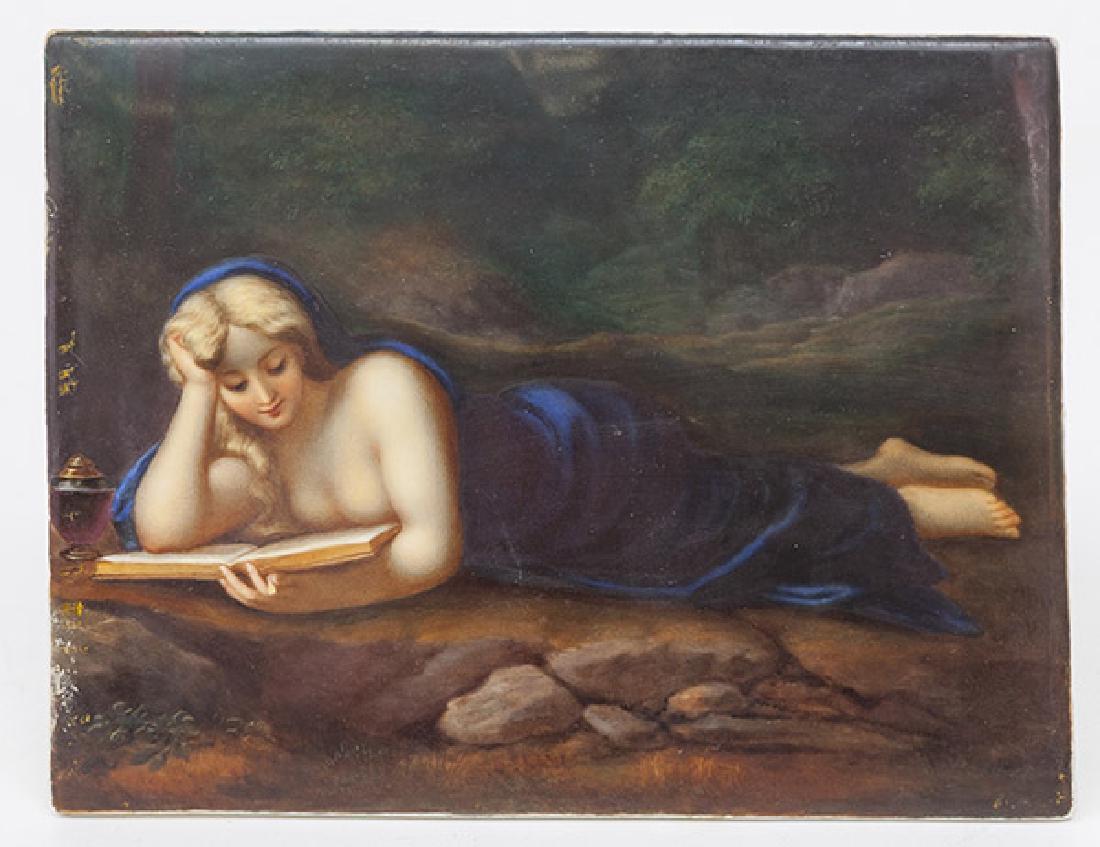 Hand Painted German Porcelain Plaque: Painting of a lovely young bond lady, with blue rob covering her otherwise nude body lying of a forest floor with an open book in her arm and a purple vase with brass lid and foot at her left, stamped