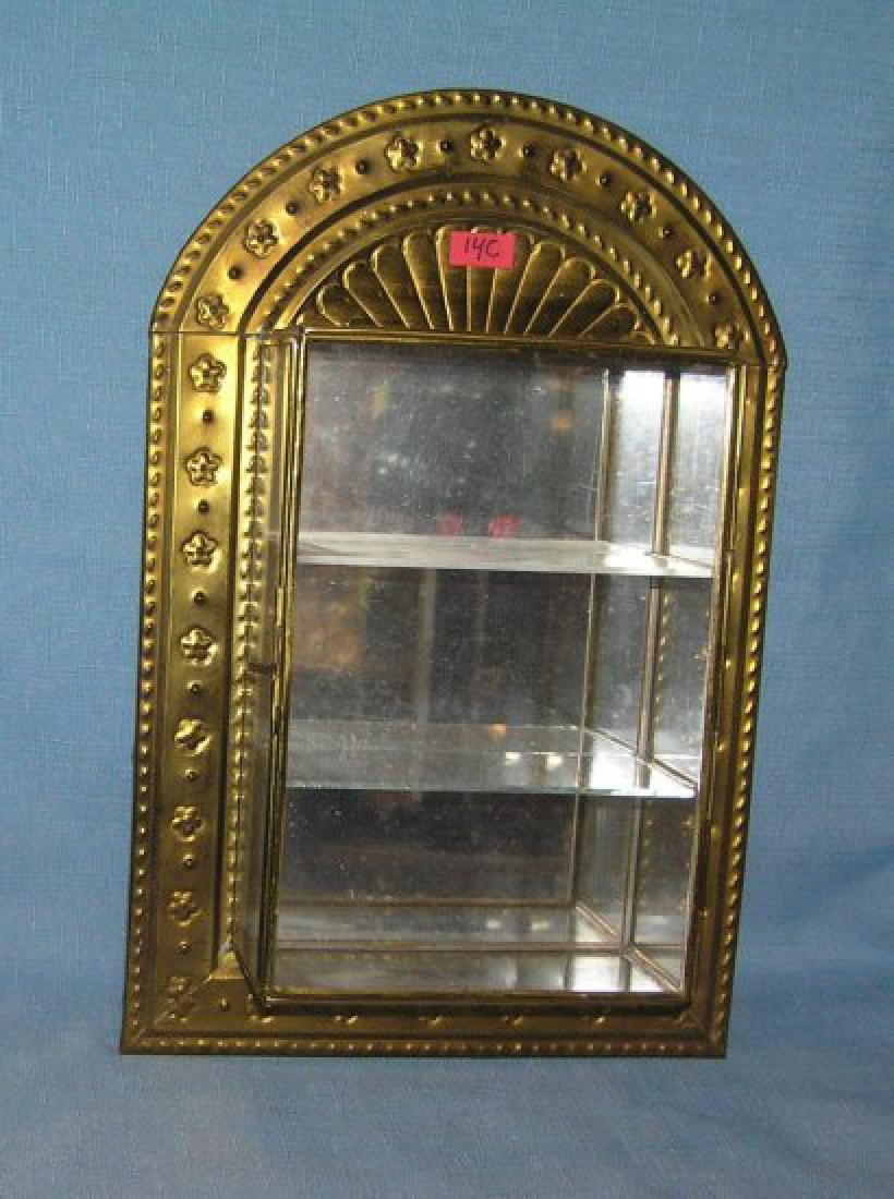 Antique brass, glass and mirrored wall hanging display : Antique brass, glass and mirrored wall hanging display case 8 1/2 inches wide by 13 inches high by 3 inches deep est. value $125.00-$150.00