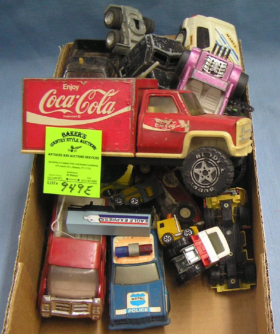 Vintage toy cars, trucks and collectibles: Group of vintage toy cars, trucks and collectibles includes Coca Cola, Castro Oil and vintage dune buggy titled Panzer wagon with original decal est. value $35.00-$45.00