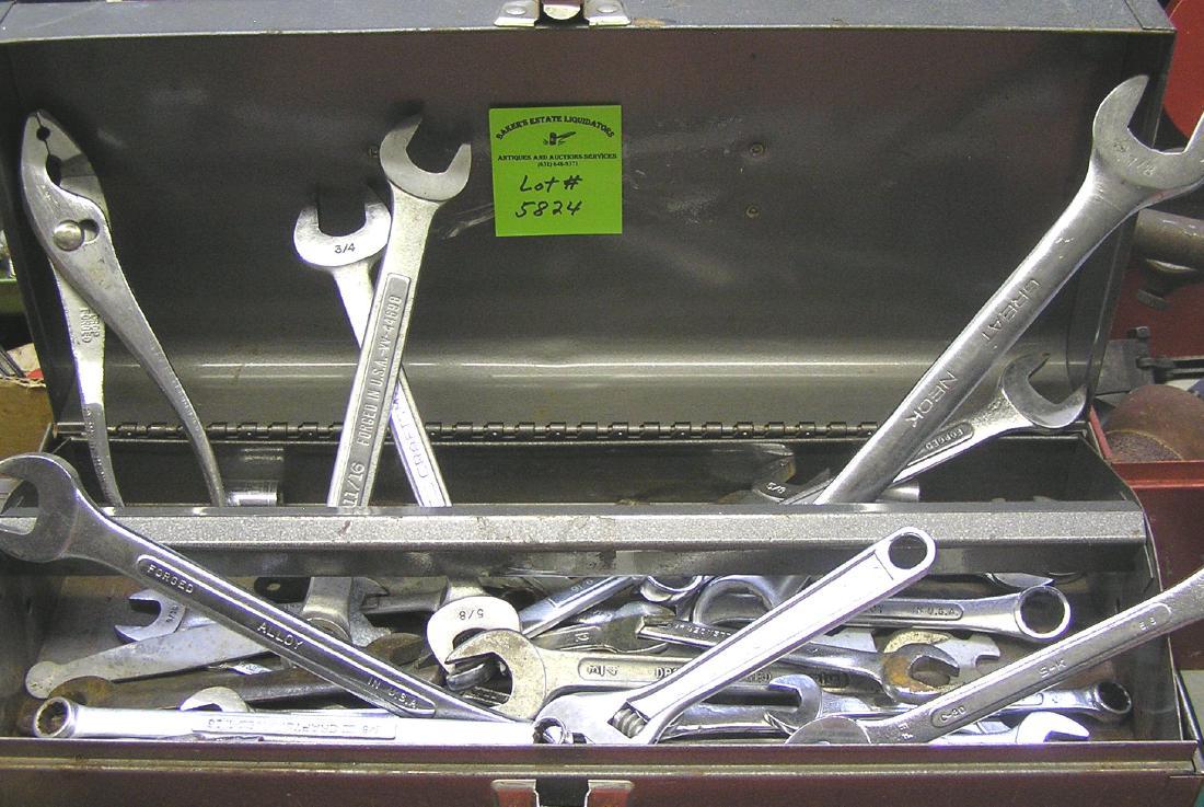 Large box of mechanics tools: Large box of mechanics tools includes wrenches , pliers, sockets and much more with metal box and tray $125.00-$150.00
