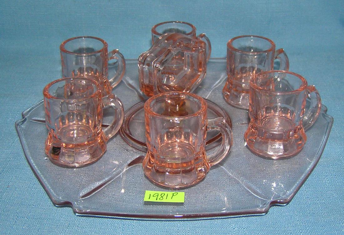Depression Glass serving dish with shot glasses: Pink Depression Glass serving dish and set of 6 shot glasses est. value $50.00-$75.00