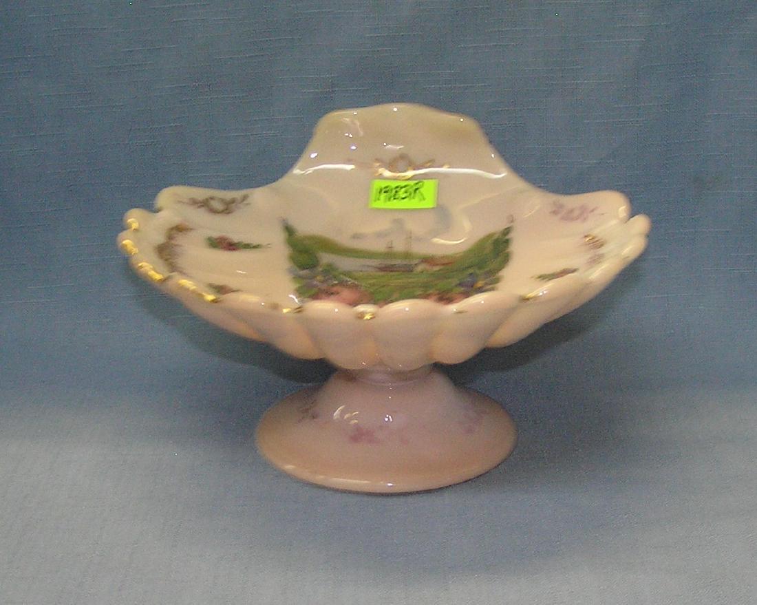Vaseline glass shell shaped nautical bowl: Hand painted vaseline glass shell shaped nautical bowl with great sail boat and cottege image circa 1930's est. value $80.00-$100.00
