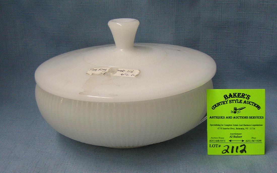 Vintage Milk Glass Fire King style serving bowl: Vintage 1950’s Milk Glass Fire King style serving bowl and lid by E.O. Brody and Company Cleveland USA est. value $30.00-$40.00