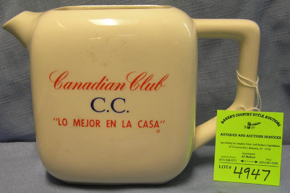 Vintage Canadian Club advertising whiskey water pitcher: Vintage Canadian Club advertising whiskey water pitcher $45.00-$50.00