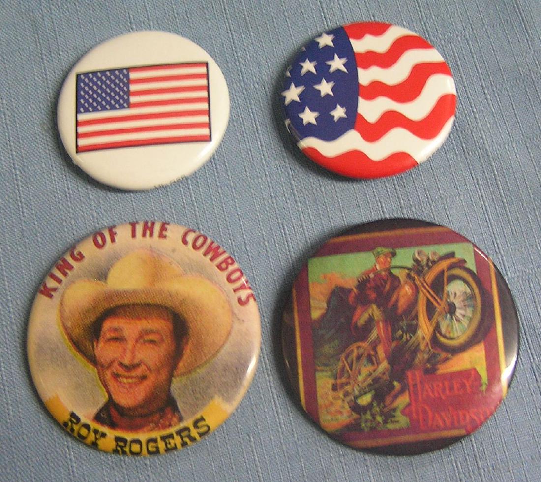 Group of vintage style buttons: Group of vintage style buttons includes Roy Rogers, Harley Davidson and American flags est. value $25.00-$30.00