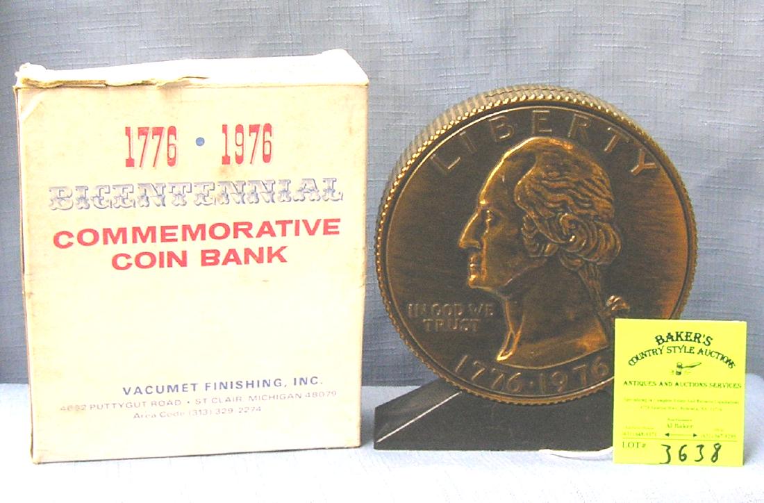 Vintage cast metal Washington bank in original box: Vintage cast metal Washington rare copper toned coin bank in original box est. value $75.00-$95.00