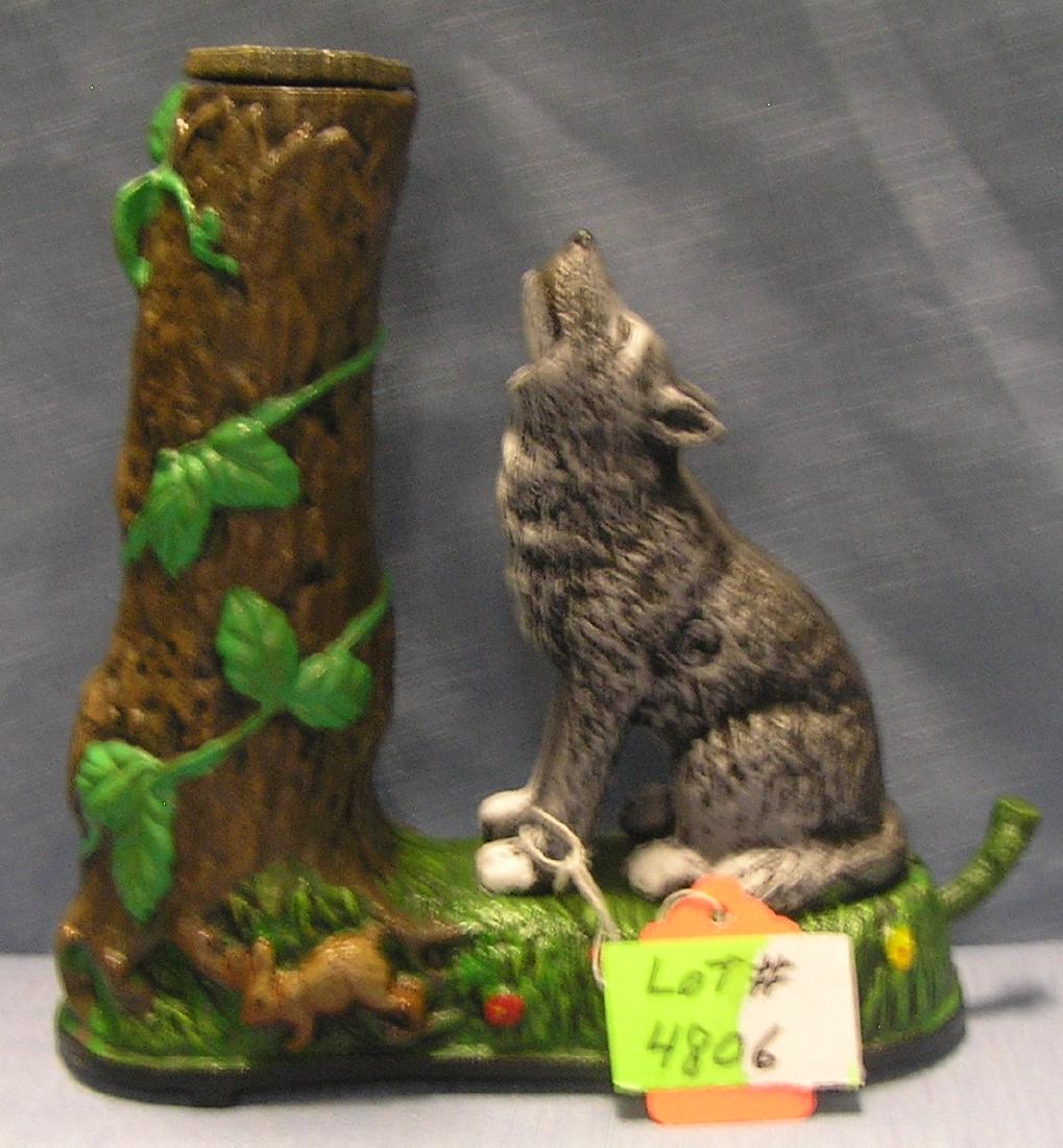 Wolf and Squirrel in Tree mechanical bank: Vintage all hand painted cast iron Wolf and Squirrel in Tree mechanical bank circa 1970’s $350.00-$375.00