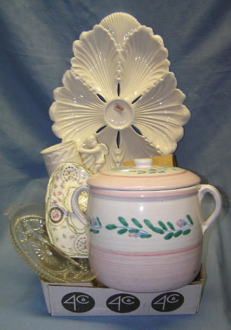 Large box of estate collectibles: Large box of estate collectibles includes porcelain, china, glassware, cookie jar and more est. value $30.00-$40.00