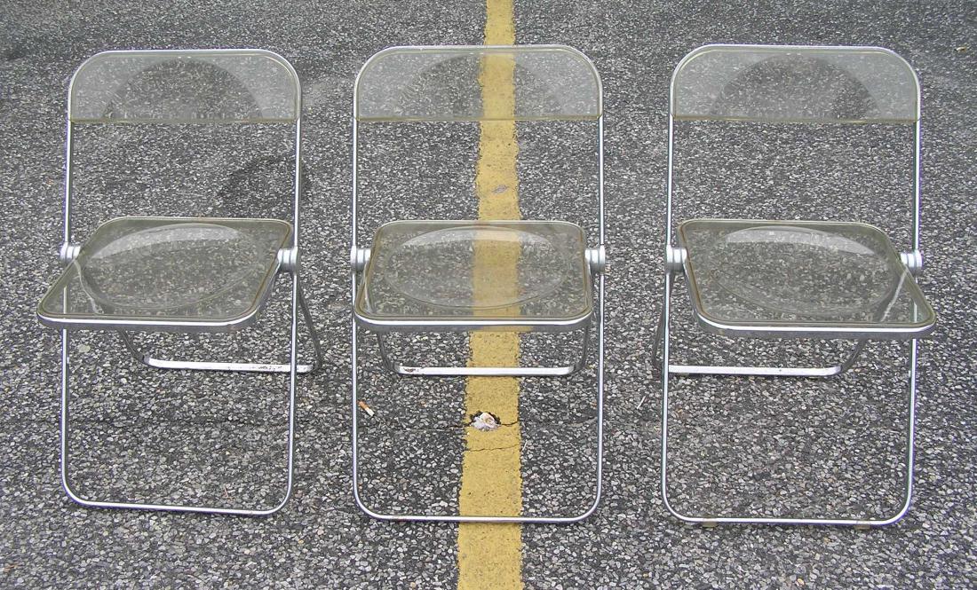 Anonima Castelli Midcentury modern folding chair set: Italian designer Anonima Castelli Lucite and chrome Midcentury modern folding chair set of 3 with original box est. value $600.00-$700.00