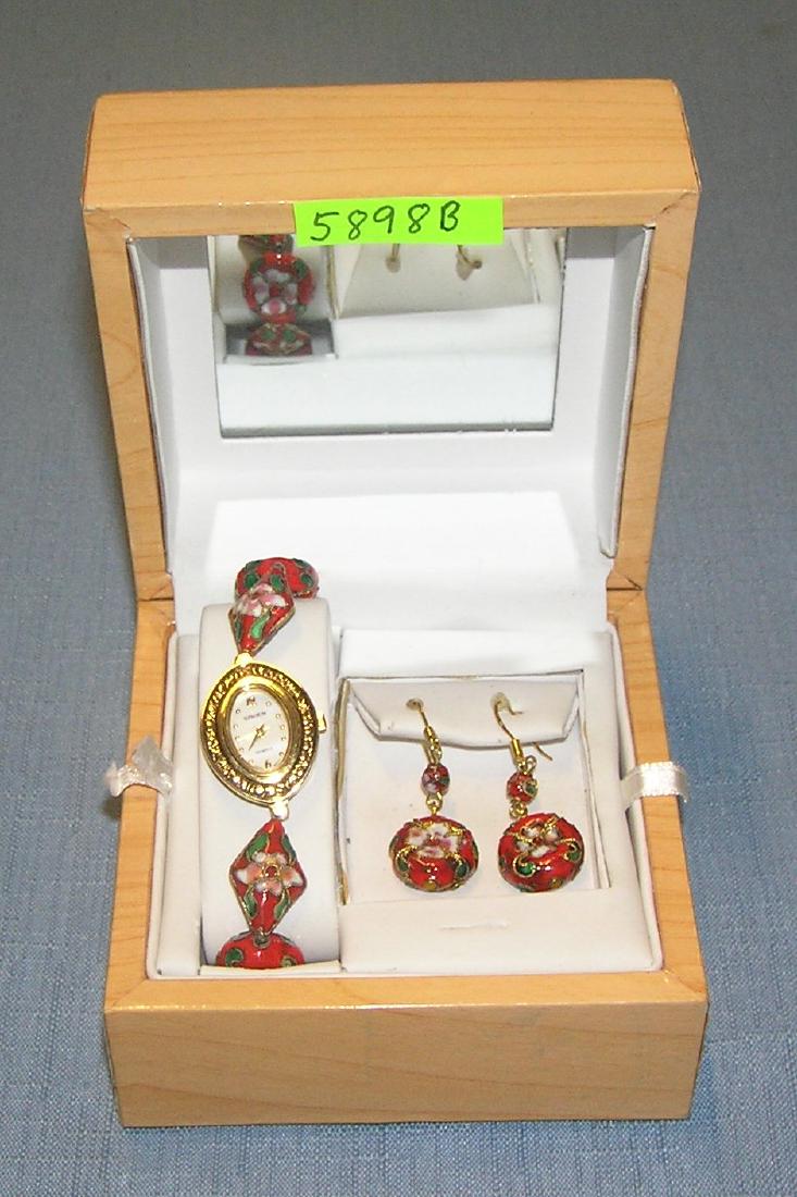 Gruen cloisonne wrist watch and earring set: High quality Gruen cloisonne wrist watch and earring set with original box est. value $80.00-$100.00