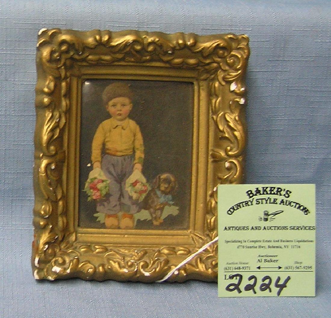 Early miniature Dutch print in gold frame: Early miniature Dutch hand colored print in gold frame est. value $40.00-$50.00