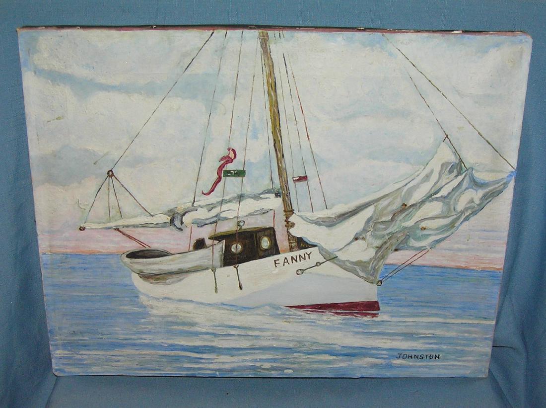 Fanny sail boat painting: "Fanny" sail boat painting oil on canvas circa 1950's 14 inches by 18 inches est. value $125.00-$150.00