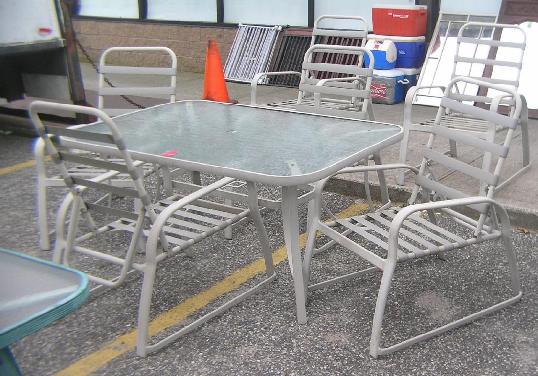 Outdoor patio and barbeque 7 piece table and chair set: Cast aluminum and frosted glass outdoor patio and barbeque 7 piece table and chair set est. value $250.00-$300.00