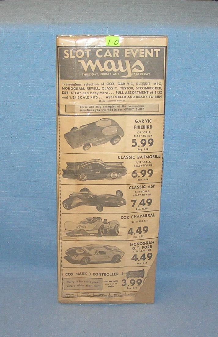 1960's slot car advertising promotional ad: Vintage 1960's slot car advertising promotional ad from May's Dept store includes Aurora, Bat Mobile, Garvick fire bird, Cox, monogram and more est. value $35.00-$40.00