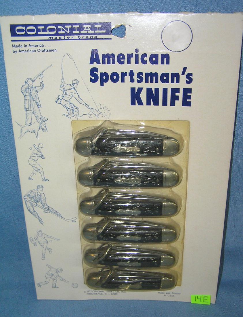 American Sportsman 3 bladed pocket knives: American Sportsman 3 bladed pocket knives by Colonial Master Brand made in USA, group of 6 all mint on dealer display card and dated 1977 est. value $150.00-$200.00