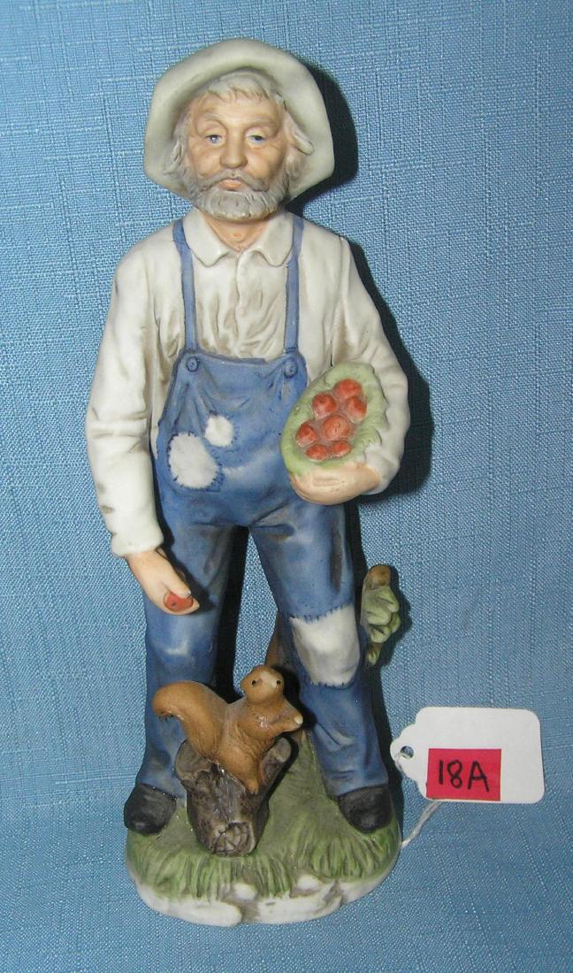 Porcelain farmer feeding squirrel figurine: Porcelain farmer feeding squirrel figurine 8 inches high est. value $30.00-$40.00