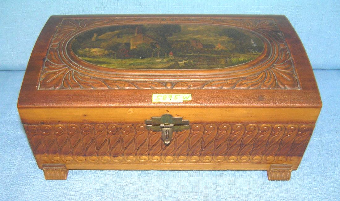 Hand carved jewelry and trinket box: Hand carved and image applied jewelry and trinket box 1940's est. value $65.00-$75.00