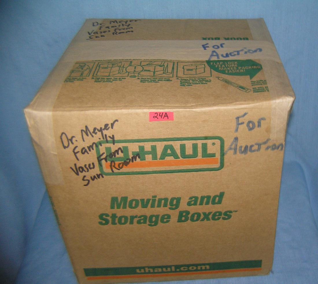 Mystery box lot marked Dr. Meyer family vases: Mystery moving and storage company box lot marked Dr. Meyer family vases from sun room part of a moving and storage Co.seized merchandise liquidationest. value $50.00-$75.00