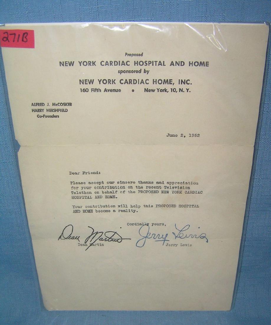 Autographed Dean Martin and Jerry Lewis letter: Autographed Dean Martin and Jerry Lewis thank you letter for a contribution received on the television telethon dated June 2nd 1952 est. value $200.00-$225.00