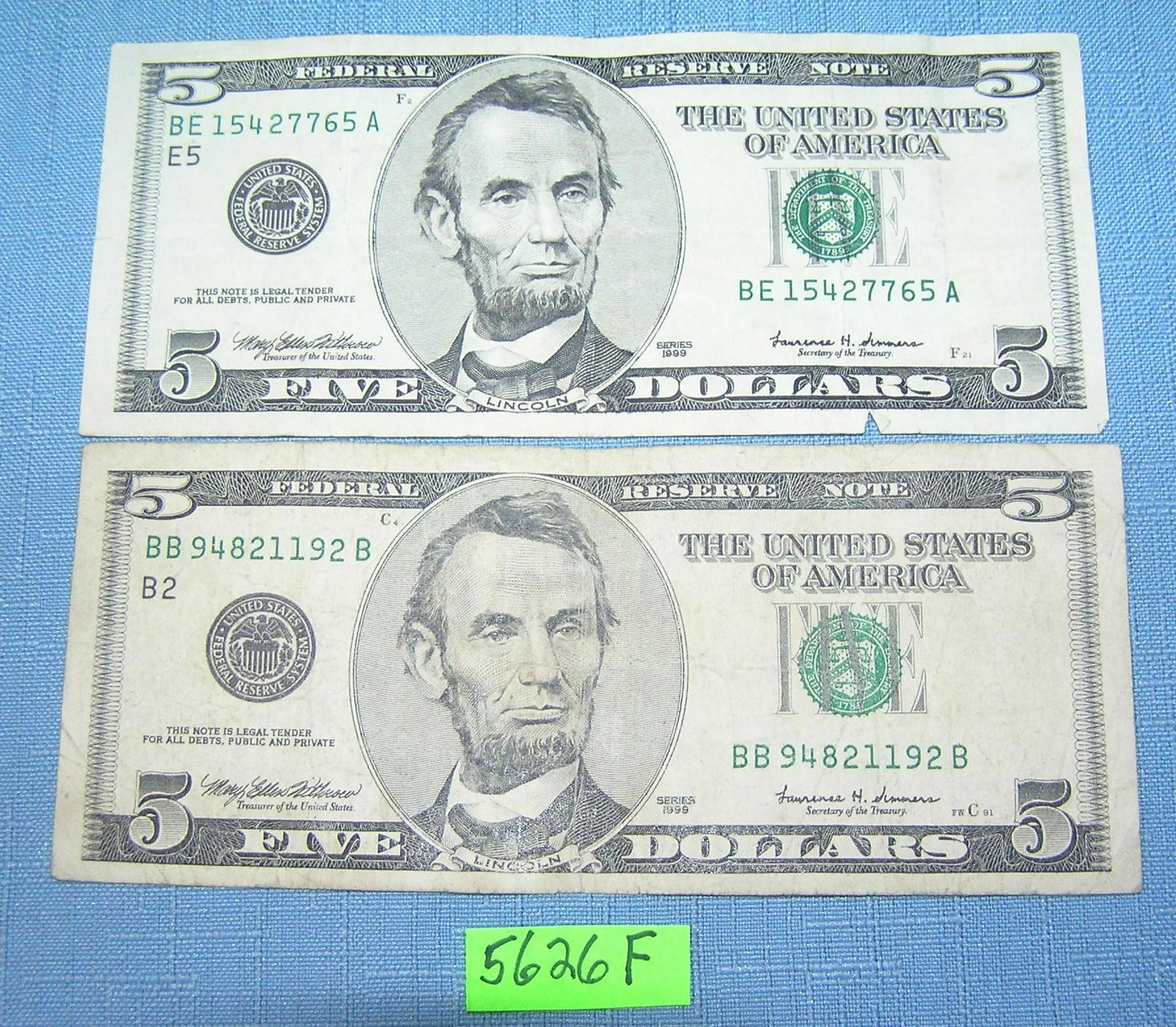 Pair of old style US five dollar bills: Pair of old style pre colorization US five dollar bills est. value $35.00-$50.00