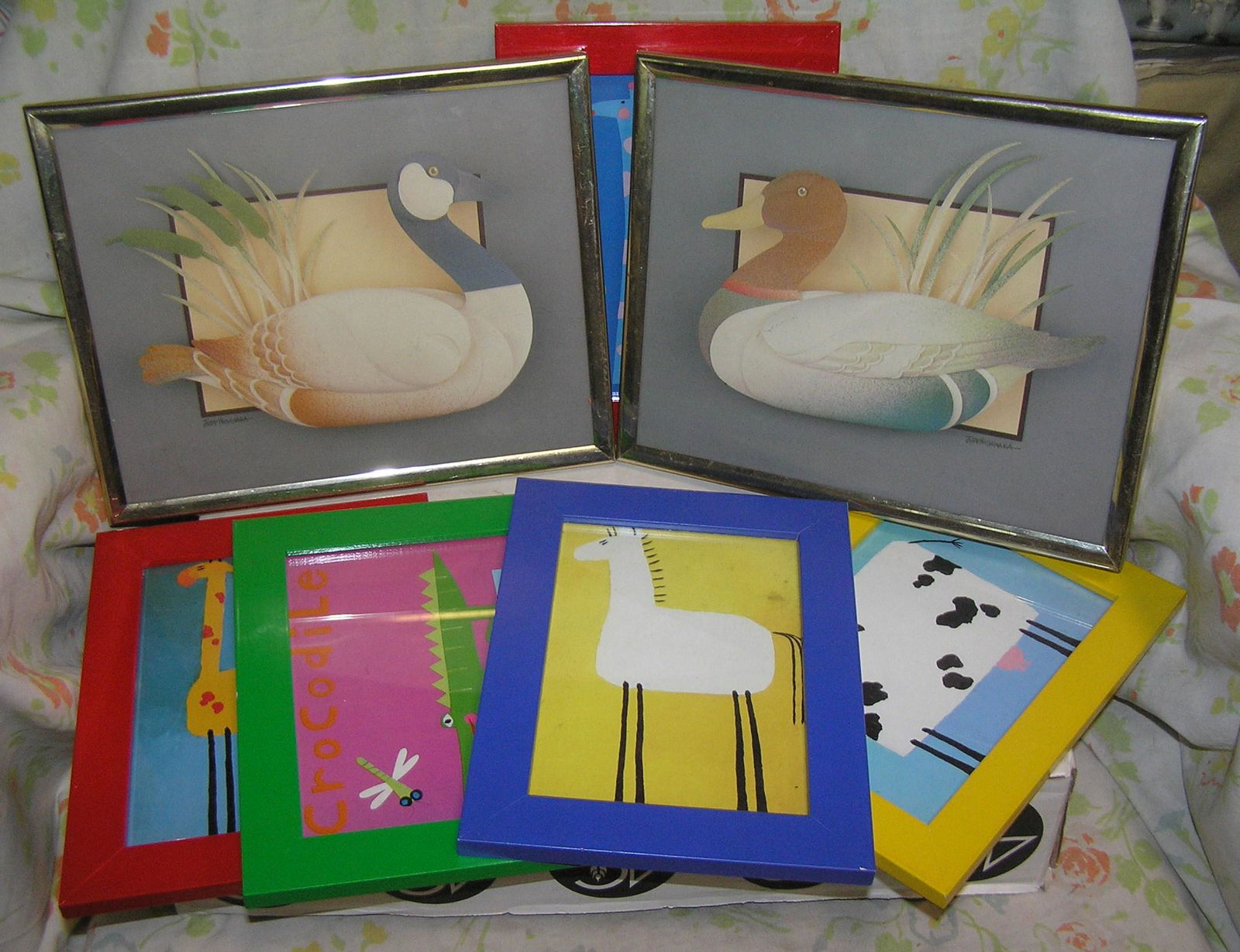 Picture frames includes a pair of waterfowl prints: large box of picture frames includes a pair of waterfowl prints est. value $30.00-$40.00