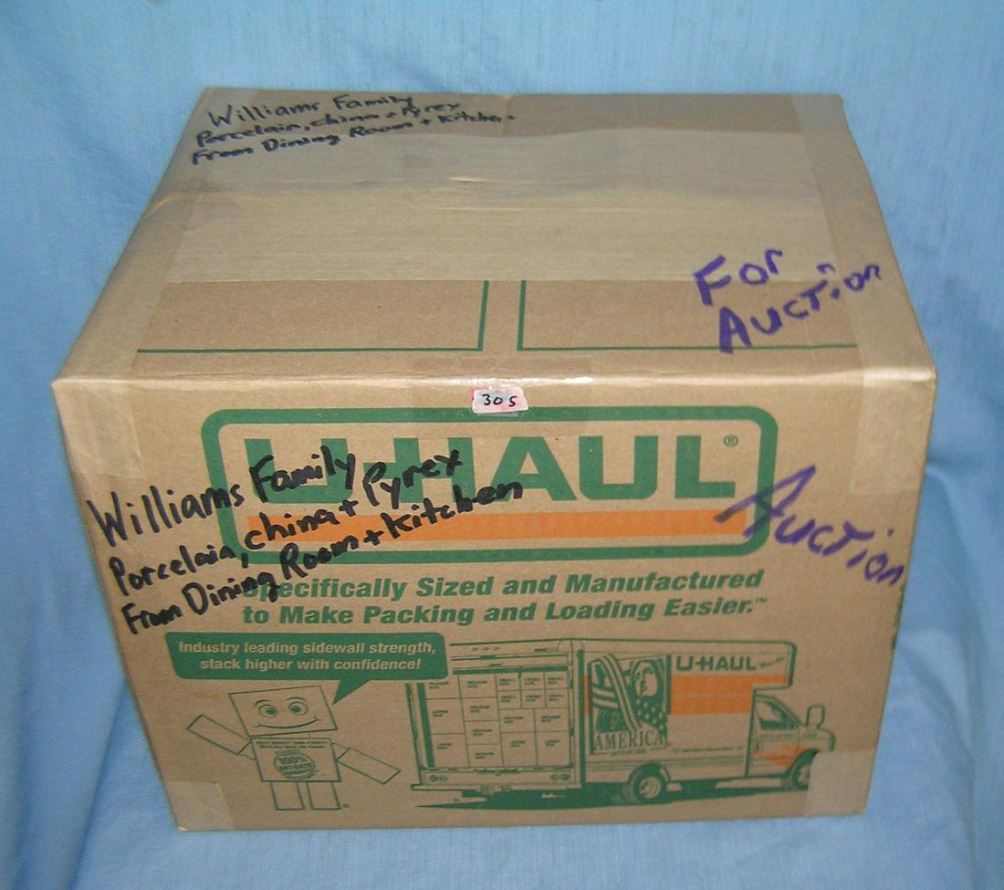 Moving and Storage Company mystery box: Moving and Storage Company mystery box lot marked William's family porcelain, china and Pyrex from the dining room and kitchen area part of a moving and storage company seized or unclaimed merchandise