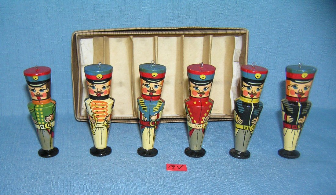 European hand painted wooden Christmas ornaments: Set of 6 European hand painted wooden Christmas ornaments in the form of formal dressed soldiers circa 1930's-50's all mint with original box est. value $225.00-$250.00