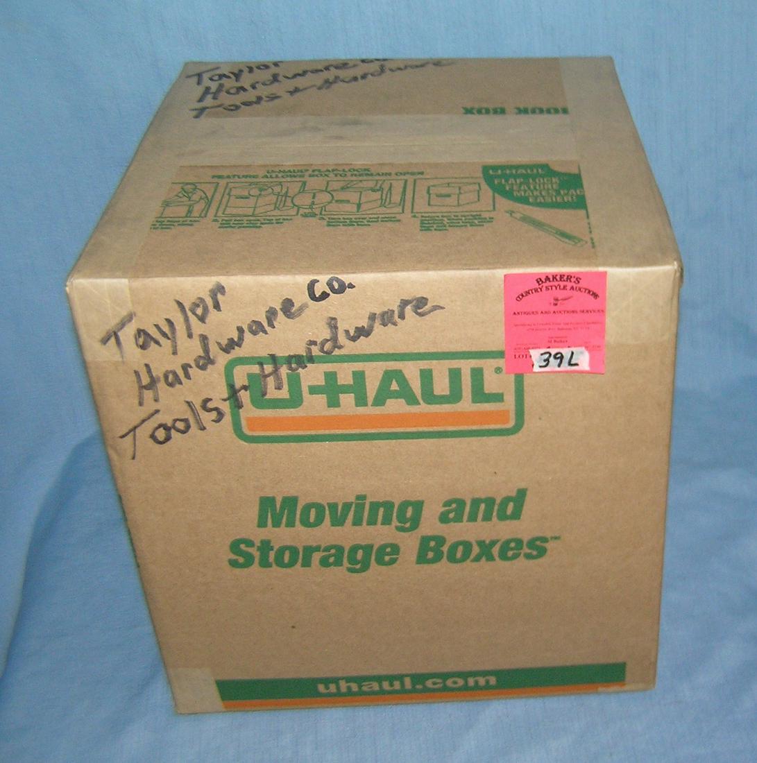 Moving and Storage Company mystery box lot: Moving and Storage Company mystery box lot marked Taylor Hardware Co. tools and hardware part of a moving and storage company seized or unclaimed merchandise group sent to auction for liquidation est.