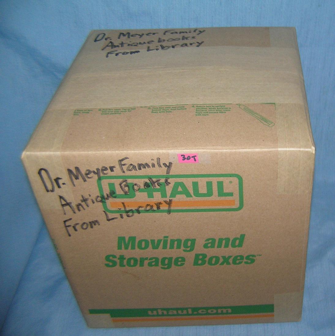Mystery box: Dr. Meyer family antique books from: Moving and Storage Company mystery box lot marked Dr. Meyer family antique books from library part of a moving and storage company seized or unclaimed merchandise group sent to auction for liquidation