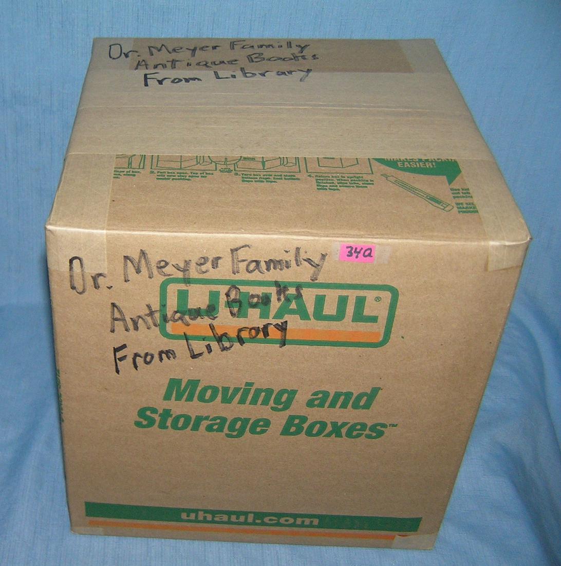 Mystery box: Dr. Meyer family antique books from: Moving and Storage Company mystery box lot marked Dr. Meyer family antique books from library part of a moving and storage company seized or unclaimed merchandise group sent to auction for liquidation