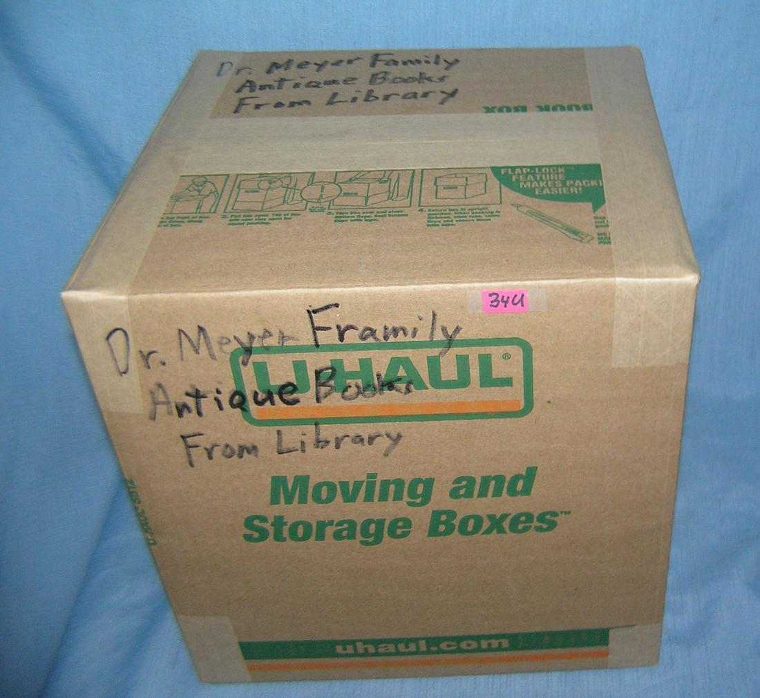 Mystery box: Dr. Meyer family antique books from: Moving and Storage Company mystery box lot marked Dr. Meyer family antique books from library part of a moving and storage company seized or unclaimed merchandise group sent to auction for liquidation
