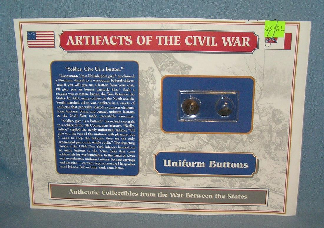 Pair of Civil War Union uniform buttons: Pair of Civil War Union uniform buttons mounted on authentication card with history est. value $100.00-$125.00