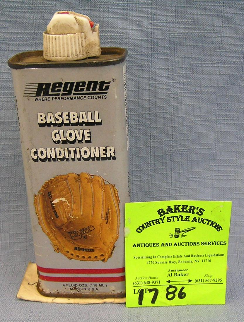Can of leather baseball glove conditioning oil: Can of vintage leather baseball glove conditioning oil all tin and three quarters full est. value $15.00-$20.00