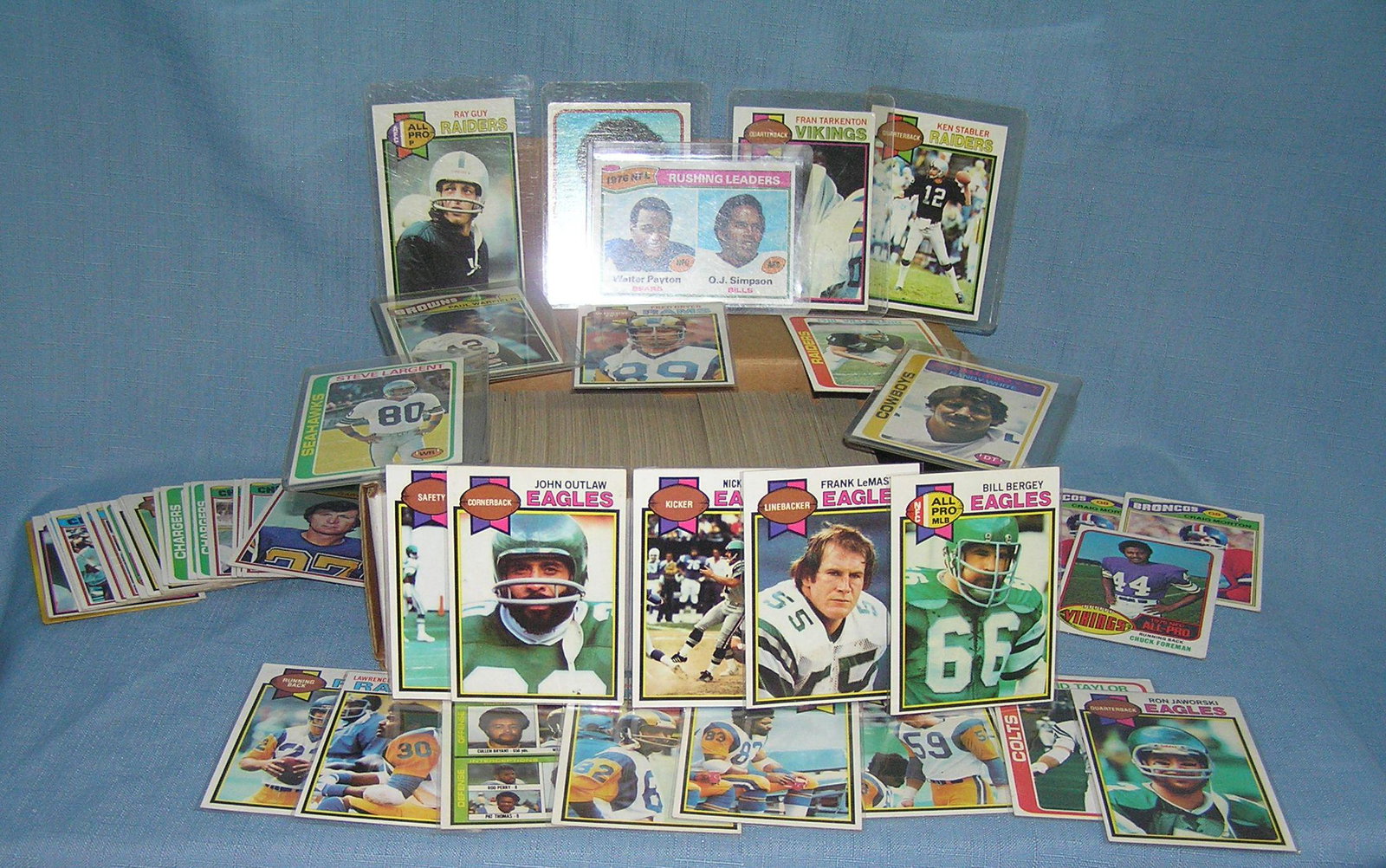 Box full of vintage football cards: Box full of vintage football cards all circa 1976 to 1979 box loaded with all stars and rookies including OJ Simpson, Walter Peyton, Allen Page, Randy White, Steve Largent, Fred Dryer, Fran Tarkenton,