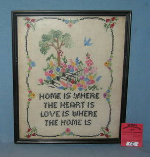 Antique hand stitched sampler: Antique hand stitched sampler titled "HOME IS WHERE THE HEART IS, LOVE IS WHERE THE HOME IS" est. value $150.00-$175.00