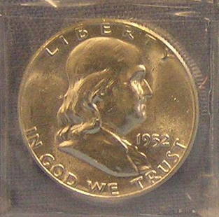 All silver Benjamin Franklin Half dollar coin: All silver Benjamin Franklin Half dollar coin dated 1952 est. value $95.00-$125.00