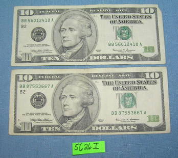 Pair of old style US ten dollar bills: Pair of old style pre colorization US ten dollar bills est. value $45.00-$75.00