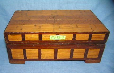 Early folk art hand made jewelry box: Early folk art hand made jewelry box circa 1930's made by a patient in Central Islip NY state mental hospital, all hand made with scraps of wood and wooden matches. Has a religious cross design on