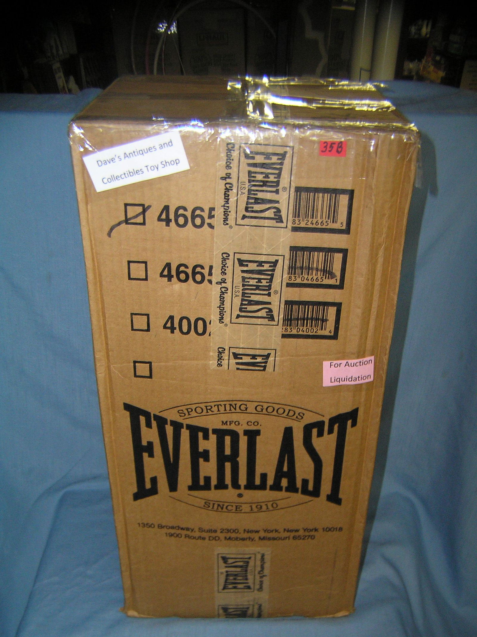 Moving and Storage Company mystery box lot marked: Moving and Storage Company mystery box lot marked Dave's Antiques and Collectibles Toy Shop marked Everlast hanging punching bag part of a moving and storage company seized or unclaimed merchandise gr