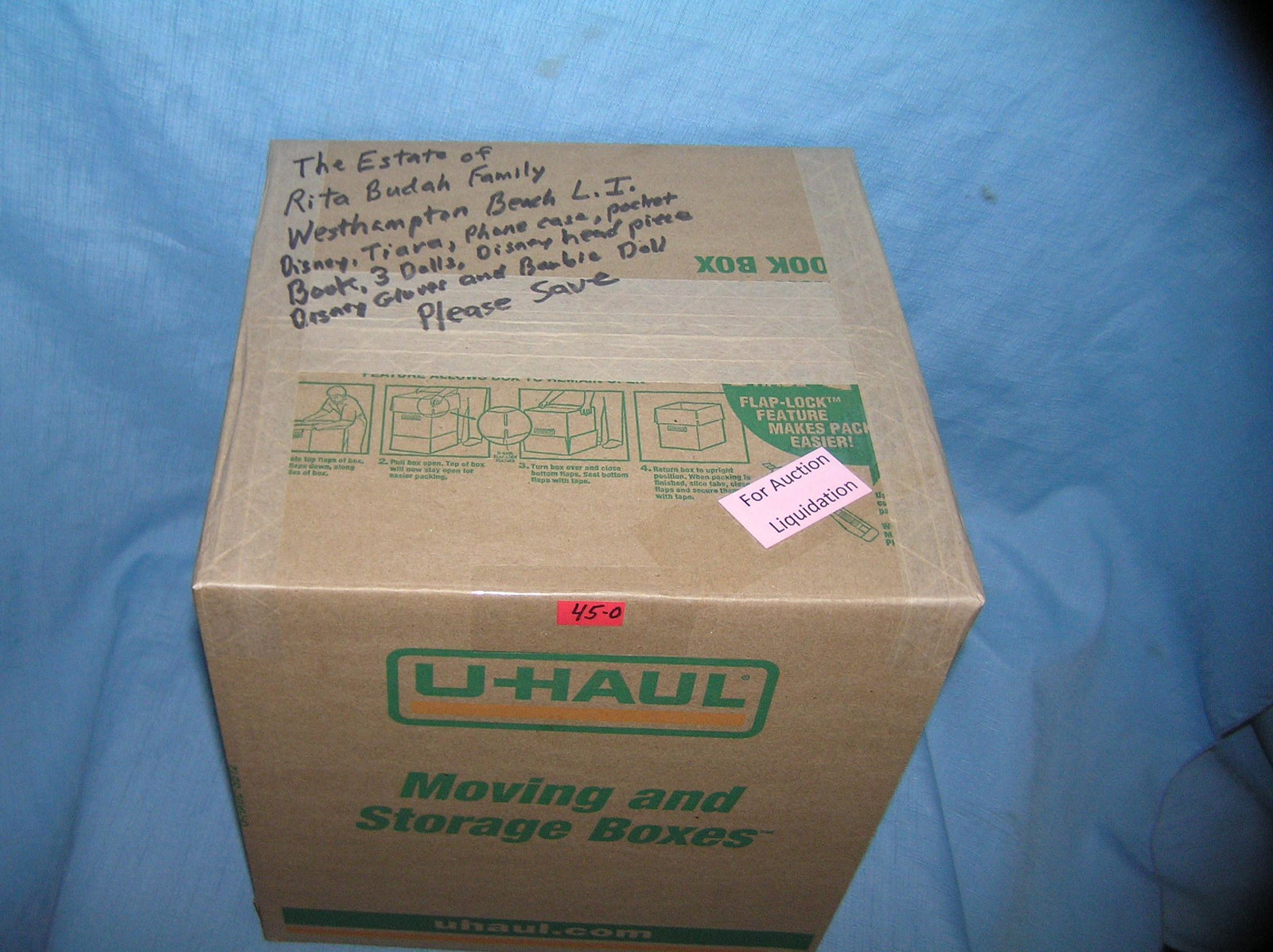 Moving and Storage Company mystery box lot marked: Moving and Storage Company mystery box lot marked Estate of Rita Budah family Disney items including Tiara, phone case, pocket book, dolls, head piece, gloves and Barbie doll part of a moving and stor