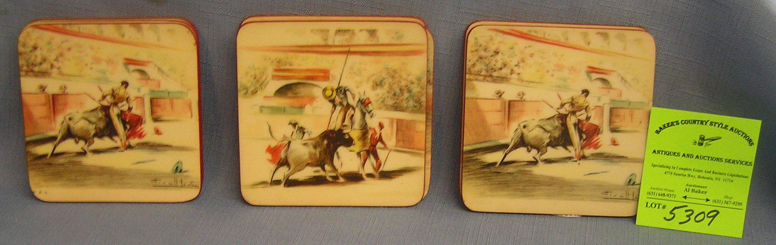 Quality bull fighting themed coaster set: 8 piece quality bull fighting themed coaster set est. value $150.00-$200.00