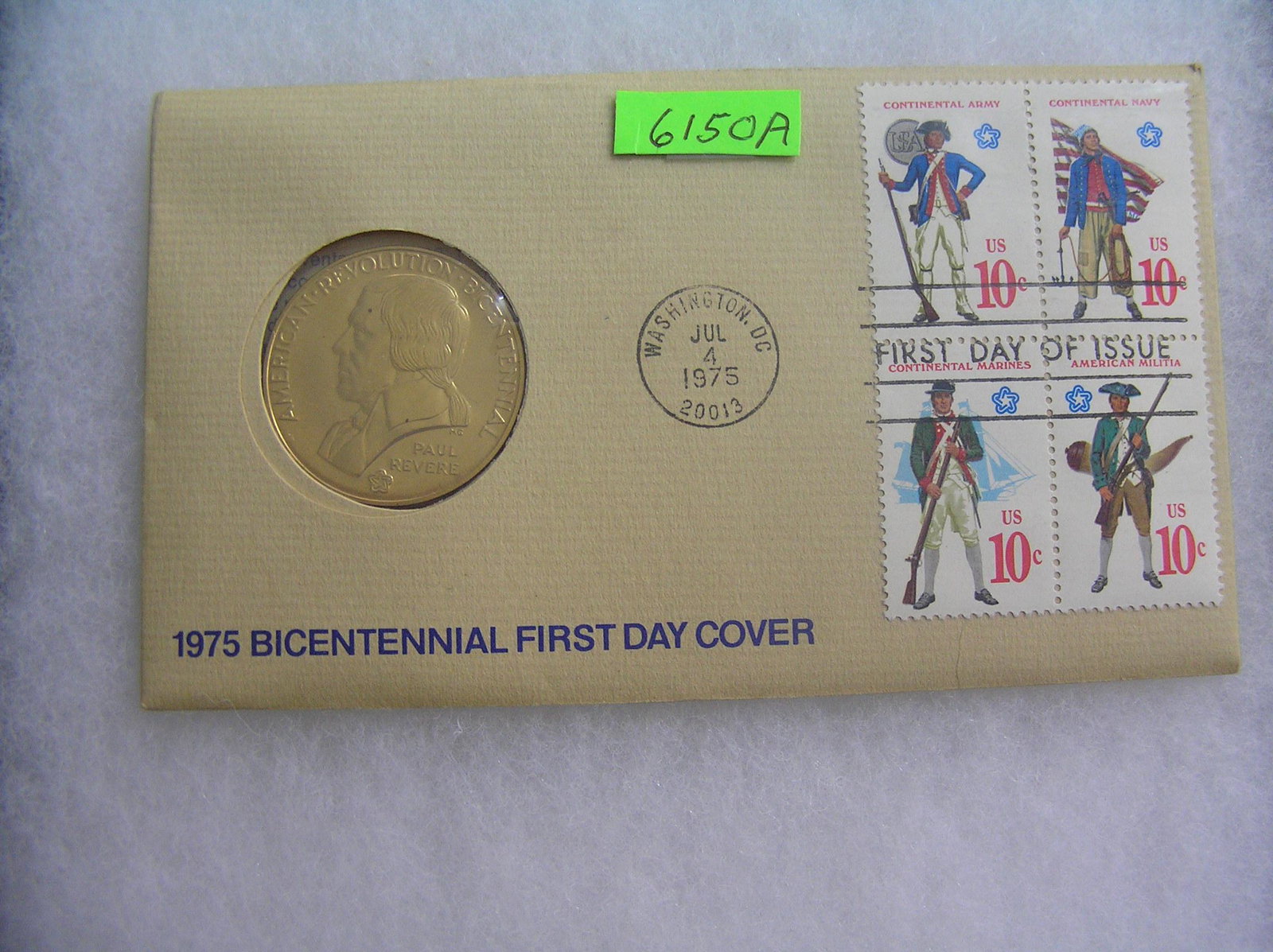 Paul Revere coin and first day of issue stamp cover set: Paul Revere bronze bicentennial commemorative coin and first day of issue stamp cover set est. value $30.00-$35.00