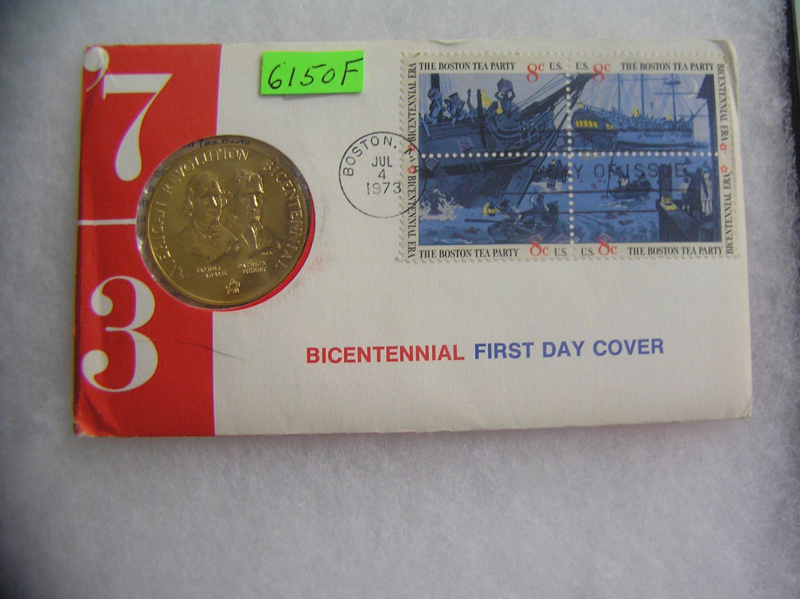 Samuel Adams and Patrick Henry coin and stamp set: Samuel Adams and Patrick Henry bronze bicentennial commemorative coin and first day of issue stamp cover set est. value $30.00-$35.00