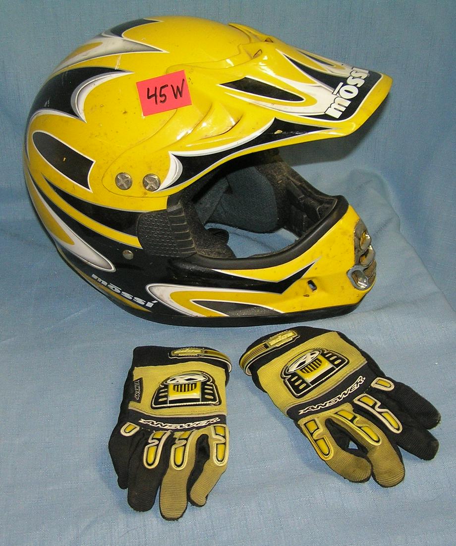 High quality Mossi motor bike racing helmet: High quality Mossi motor bike racing helmet with a pair of edge answer gloves est. value $75.00-$100.00