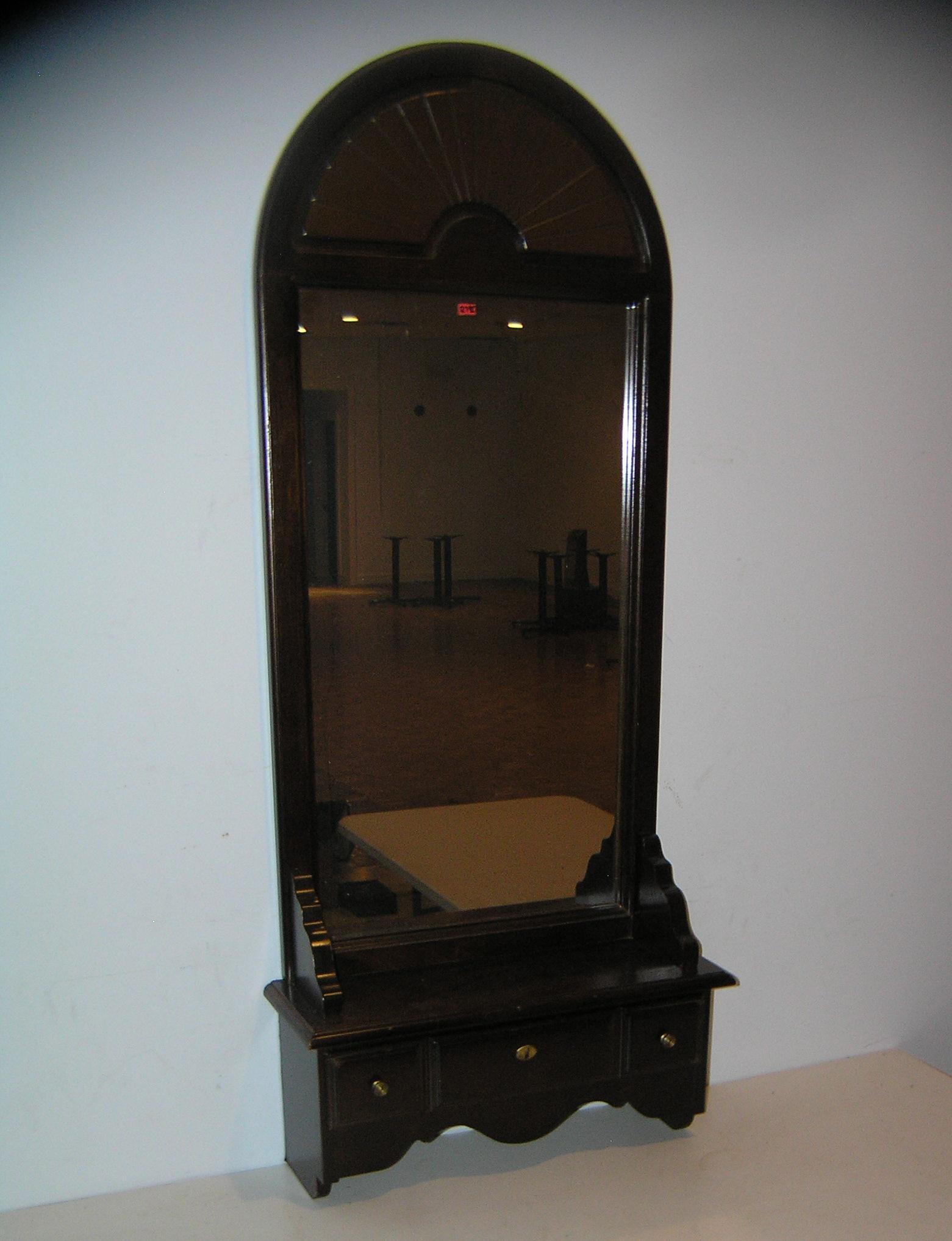 Decorative mirrored hall bench style display piece: Decorative mirrored hall bench style display piece with locking storage drawers, condition excellent, key to drawer not present can be hung on wall or free standing est. value $125.00-$150.00