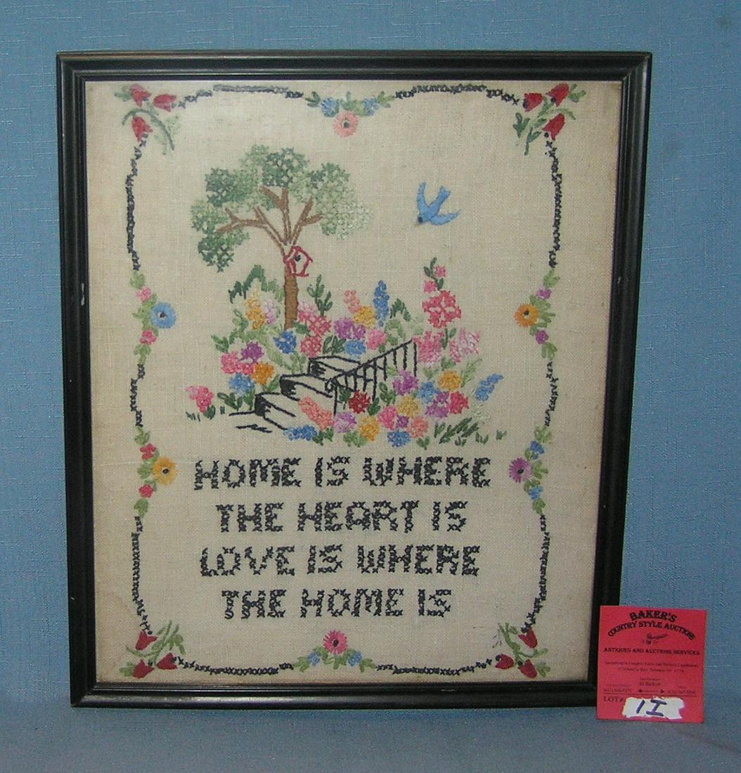 Antique hand stitched sampler: Antique hand stitched sampler titled "HOME IS WHERE THE HEART IS, LOVE IS WHERE THE HOME IS" est. value $150.00-$175.00