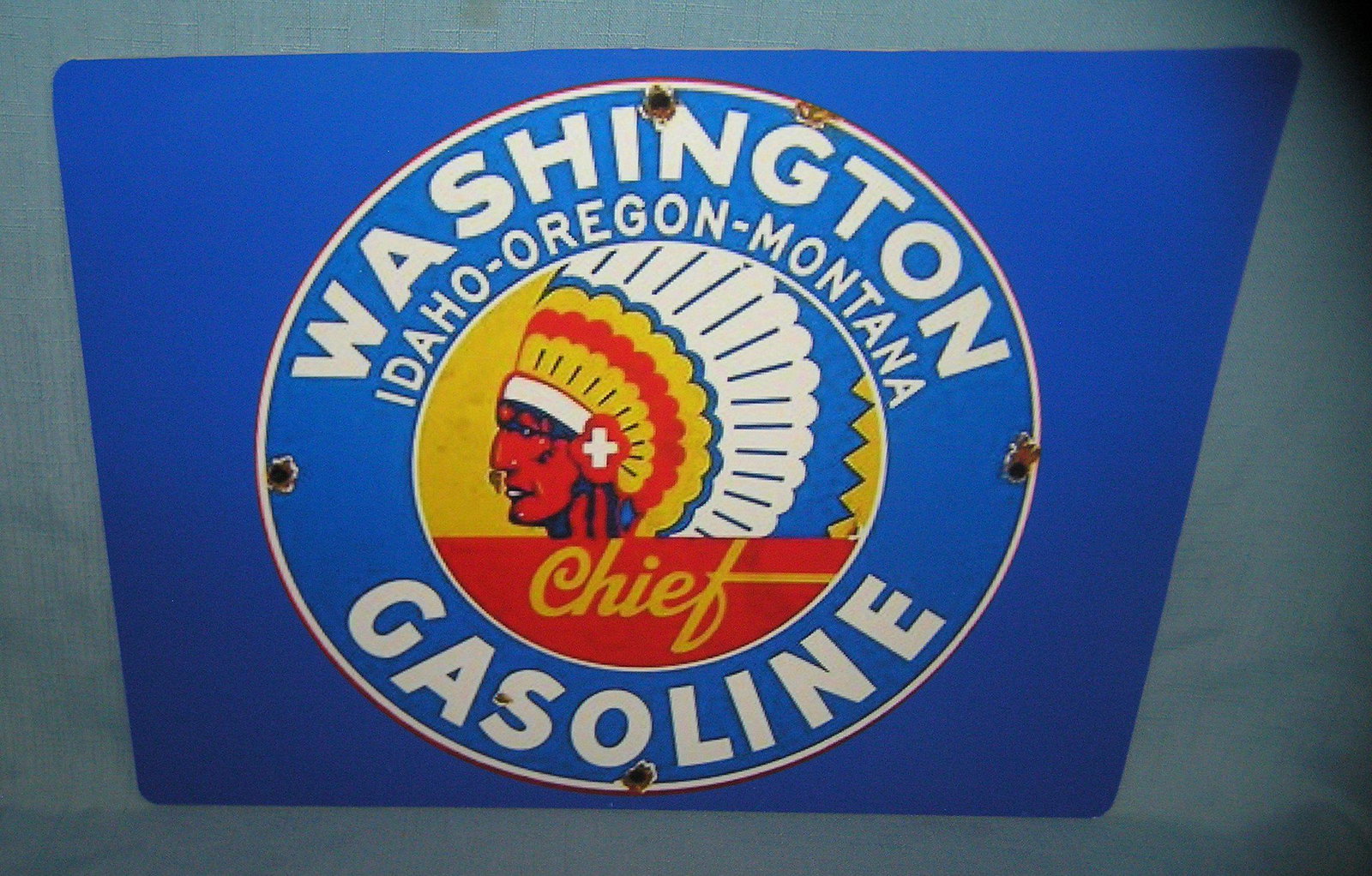 Washington Indian Chief gasoline retro style sign: Washington Indian Chief gasoline retro style advertising sign 12 inches by 16 inches est. value $40.00-$50.00