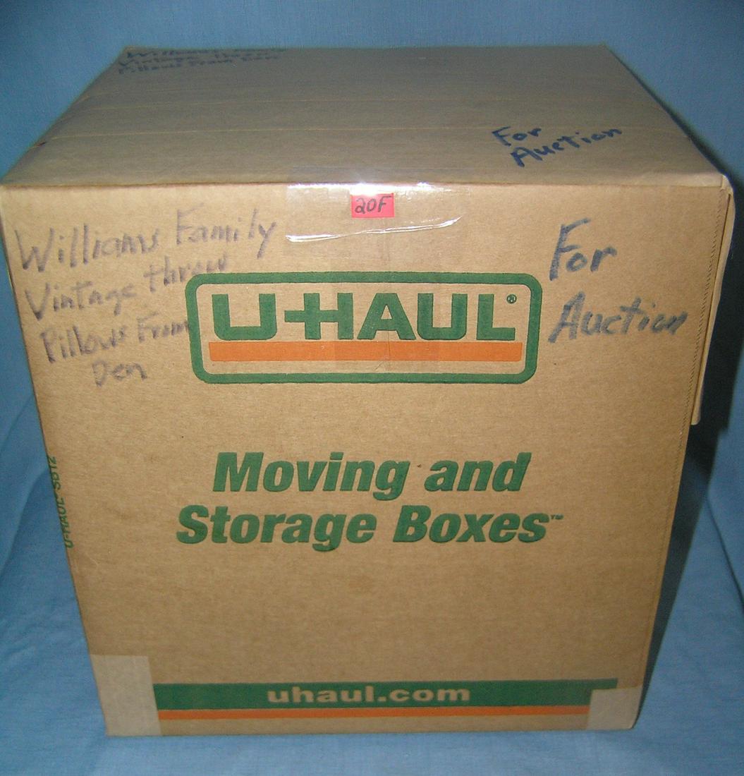 Mystery box marked William's family vint throw pillows: Mystery moving and storage Co. box lot marked William's family vintage throw pillows part of a moving and storage company seized or unclaimed merchandise group sent to auction for liquidation est. val