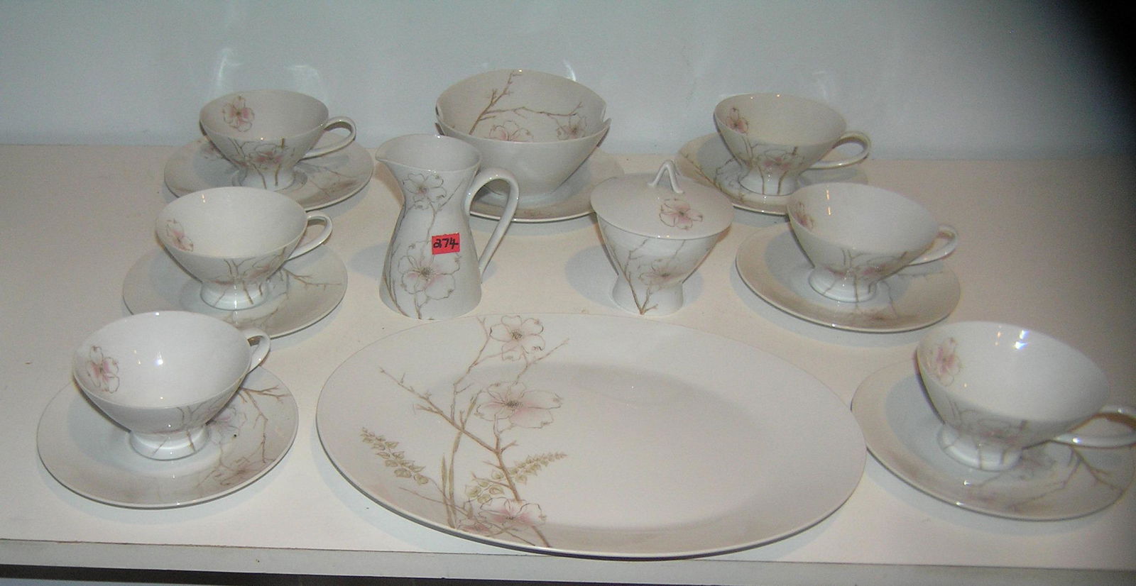 Designer signed Rosenthal dinnerware set: Large 39 piece designer signed Rosenthal dinnerware set great midcentury modern floral blush pattern signed Raymond Loewy made in Selb Germany circa 1950's-60's service for 6 est. value $500.00-$600.0